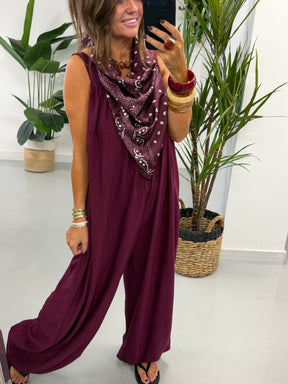 Bandana Scarf Crinkle Jumpsuit - Wine