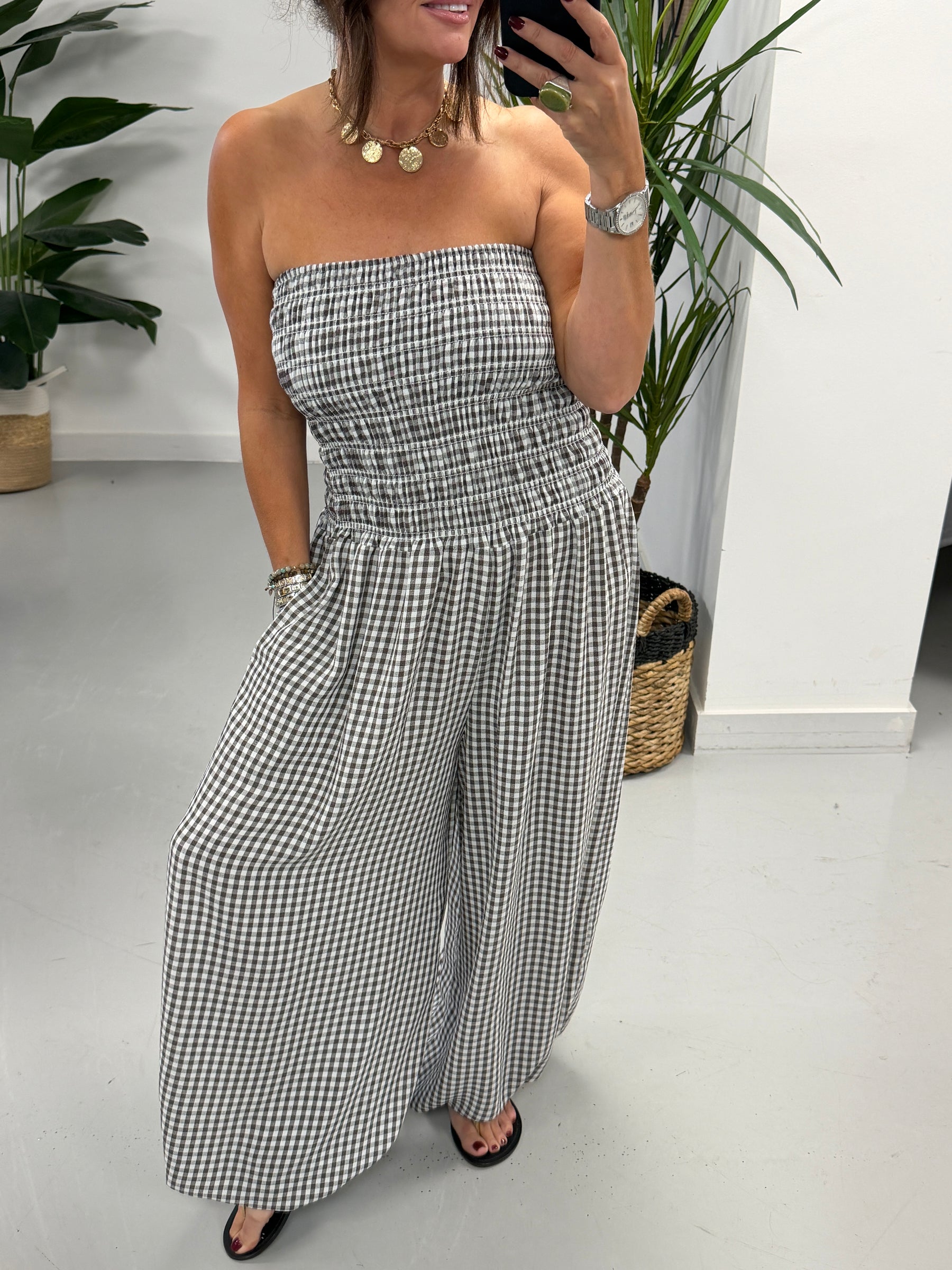 PRE Order The Gingham Balloon Leg Jumpsuit- Chocolate