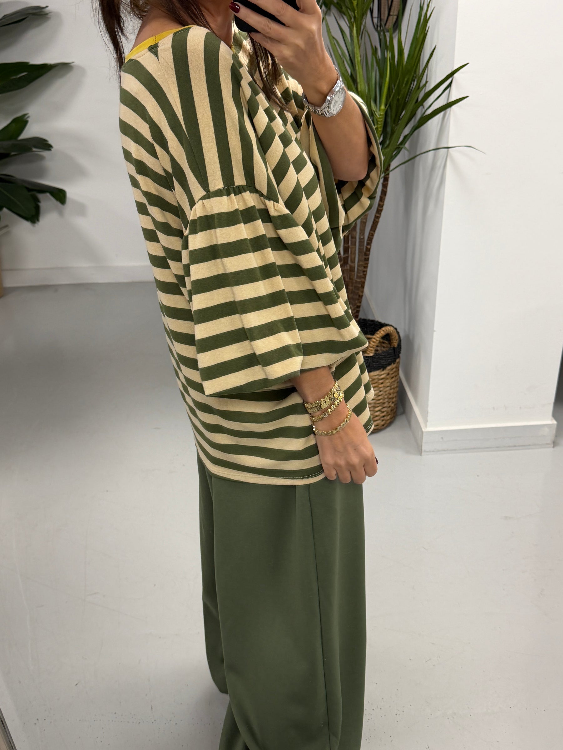 Sunset Stripe Puff Sleeve -Khaki  (Size 12-18)