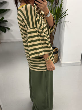 Sunset Stripe Puff Sleeve -Khaki  (Size 12-18)