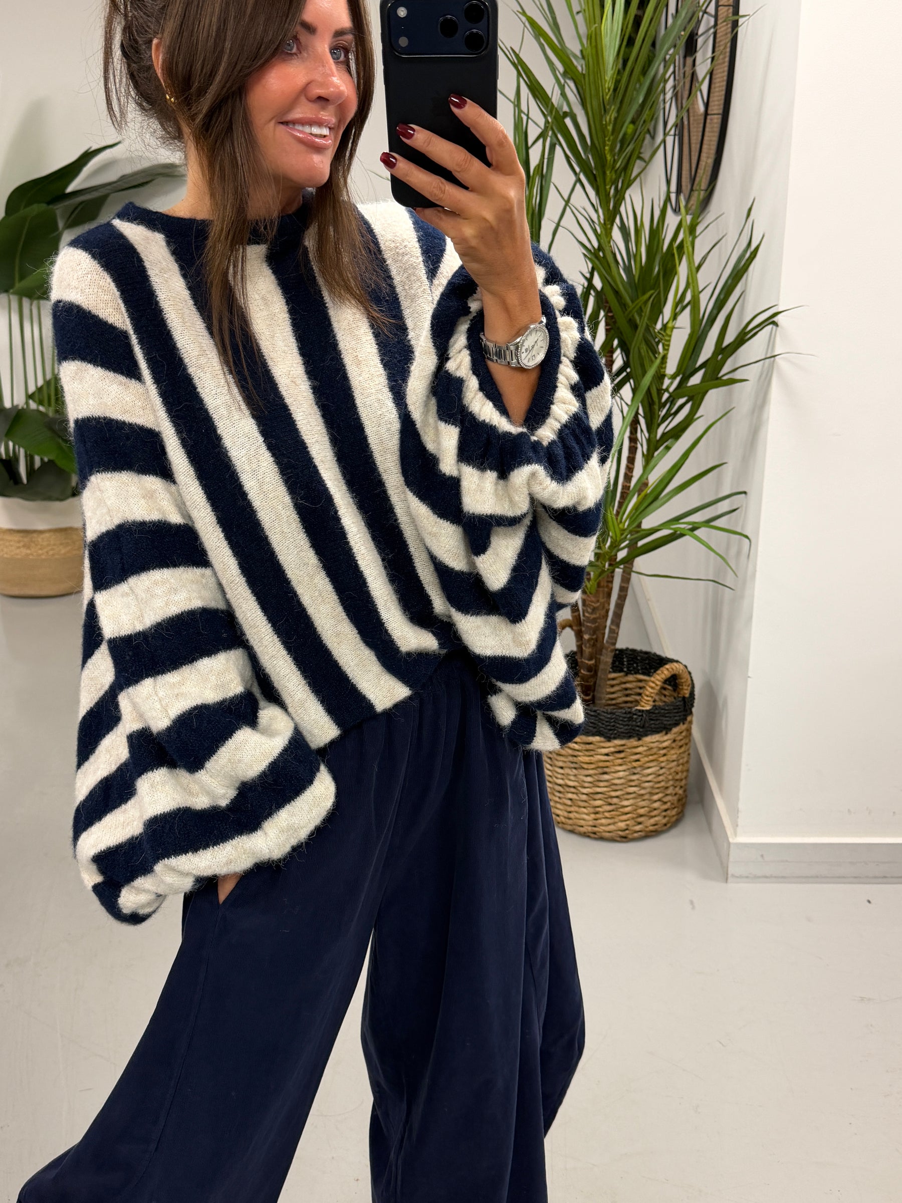Zeta Otto Stripe Chunky Sleeve Knit - Navy (Size 10-18)