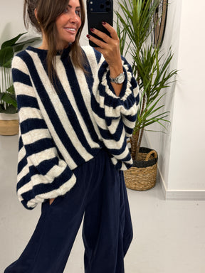 Zeta Otto Stripe Chunky Sleeve Knit - Navy (Size 10-18)