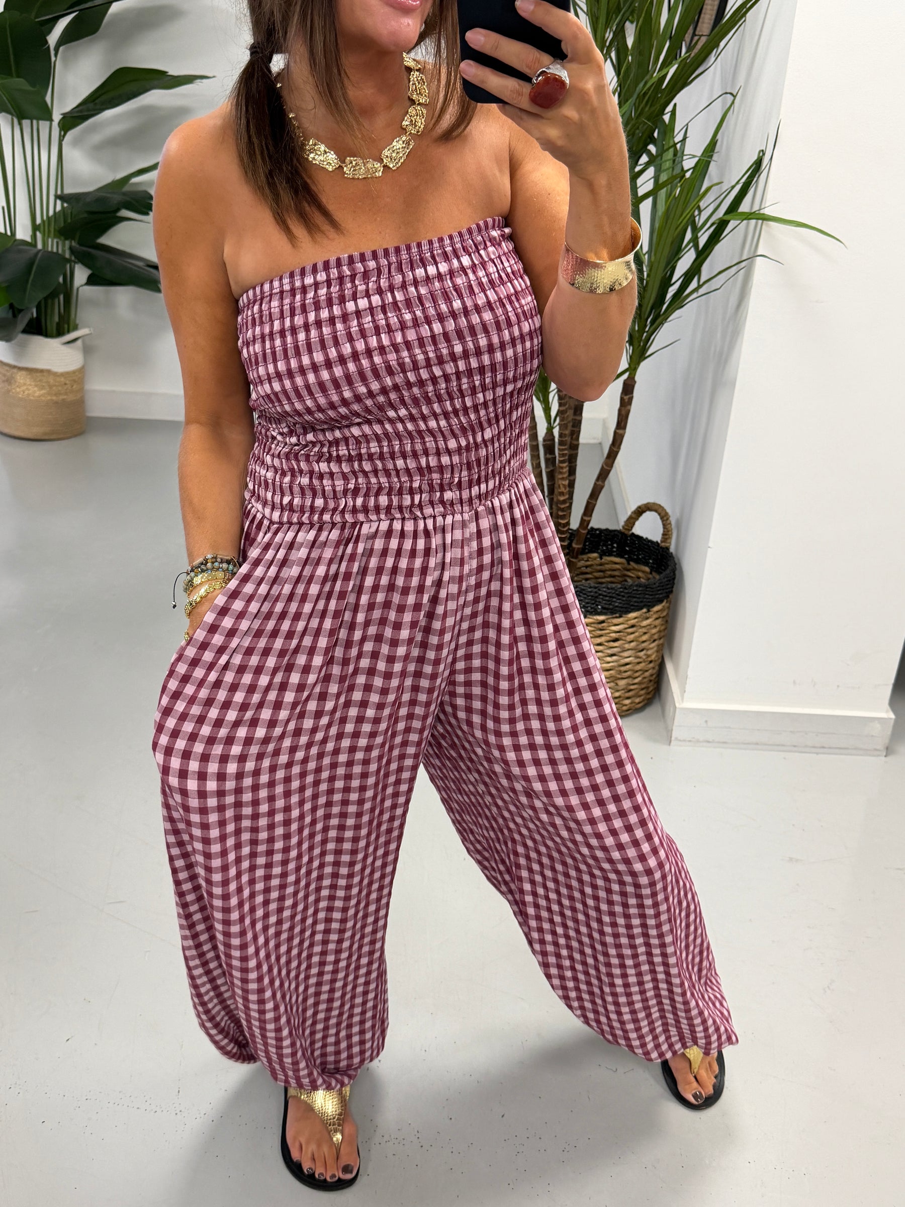 The Vichy Gingham Balloon Leg Jumpsuit - Wine