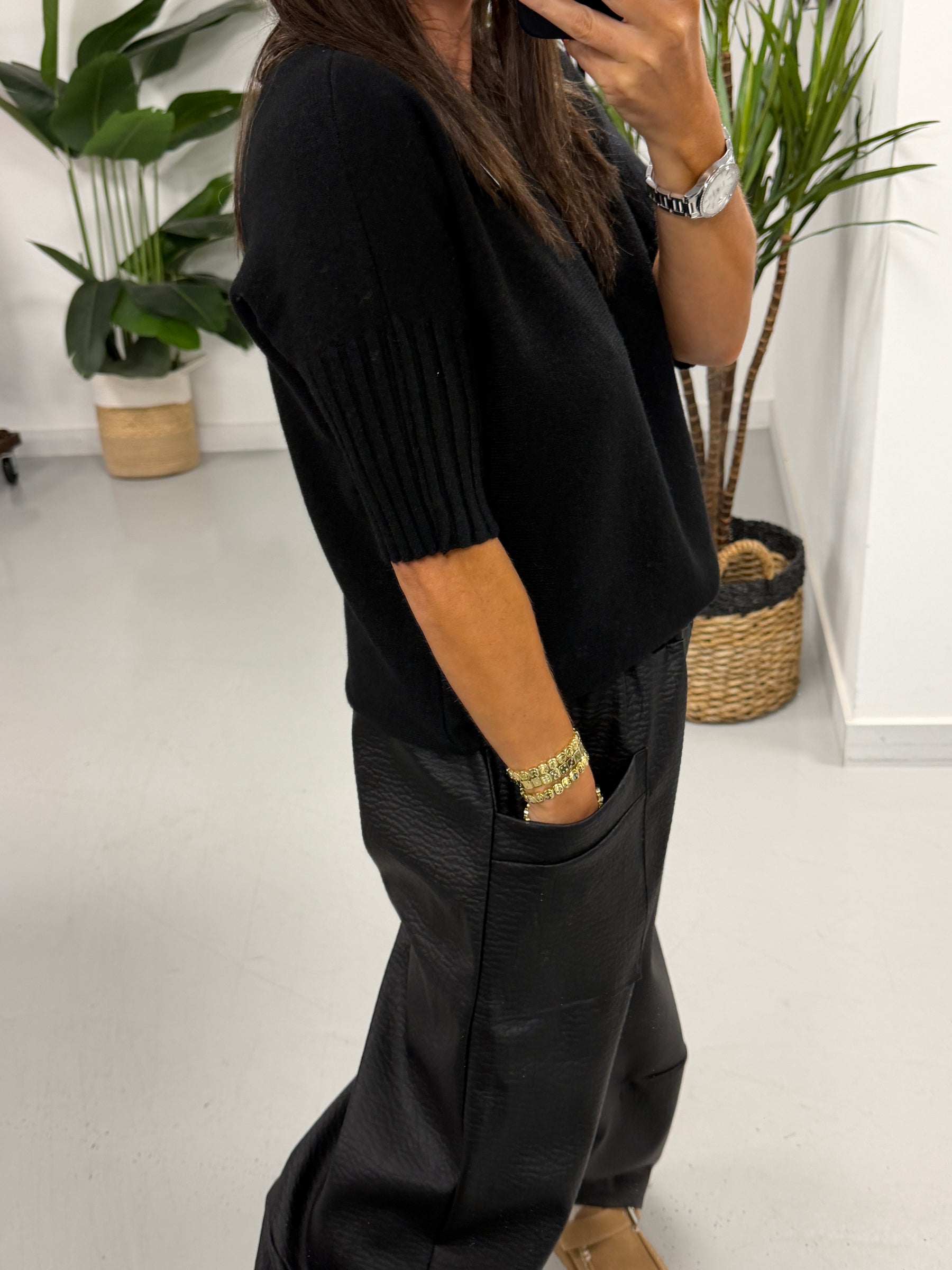 Crop Sleeve Boat Neck Knit - Black