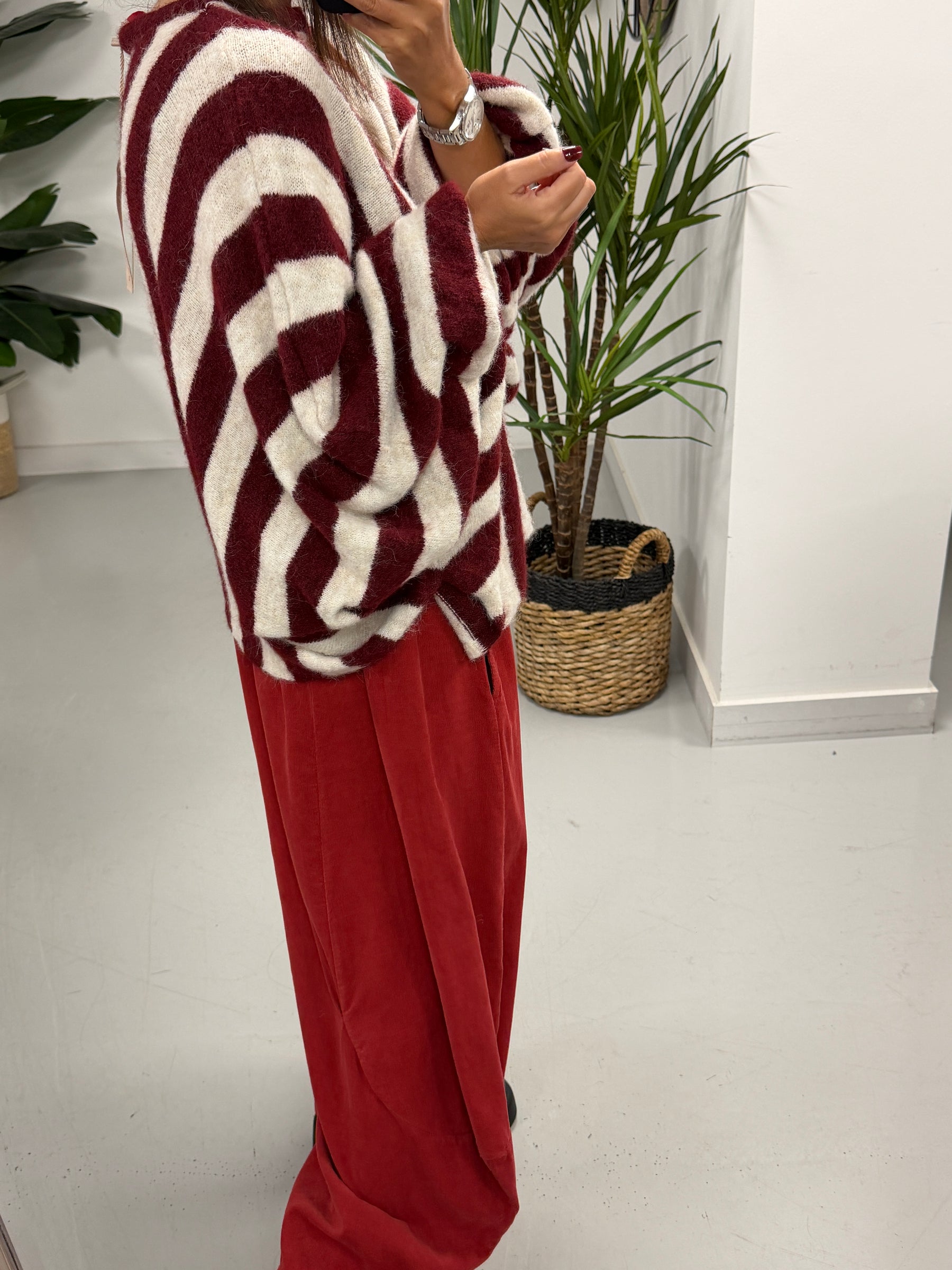 Zeta Otto Stripe Chunky Sleeve Knit - Wine (Size 10-18)