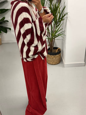 Zeta Otto Stripe Chunky Sleeve Knit - Wine (Size 10-18)