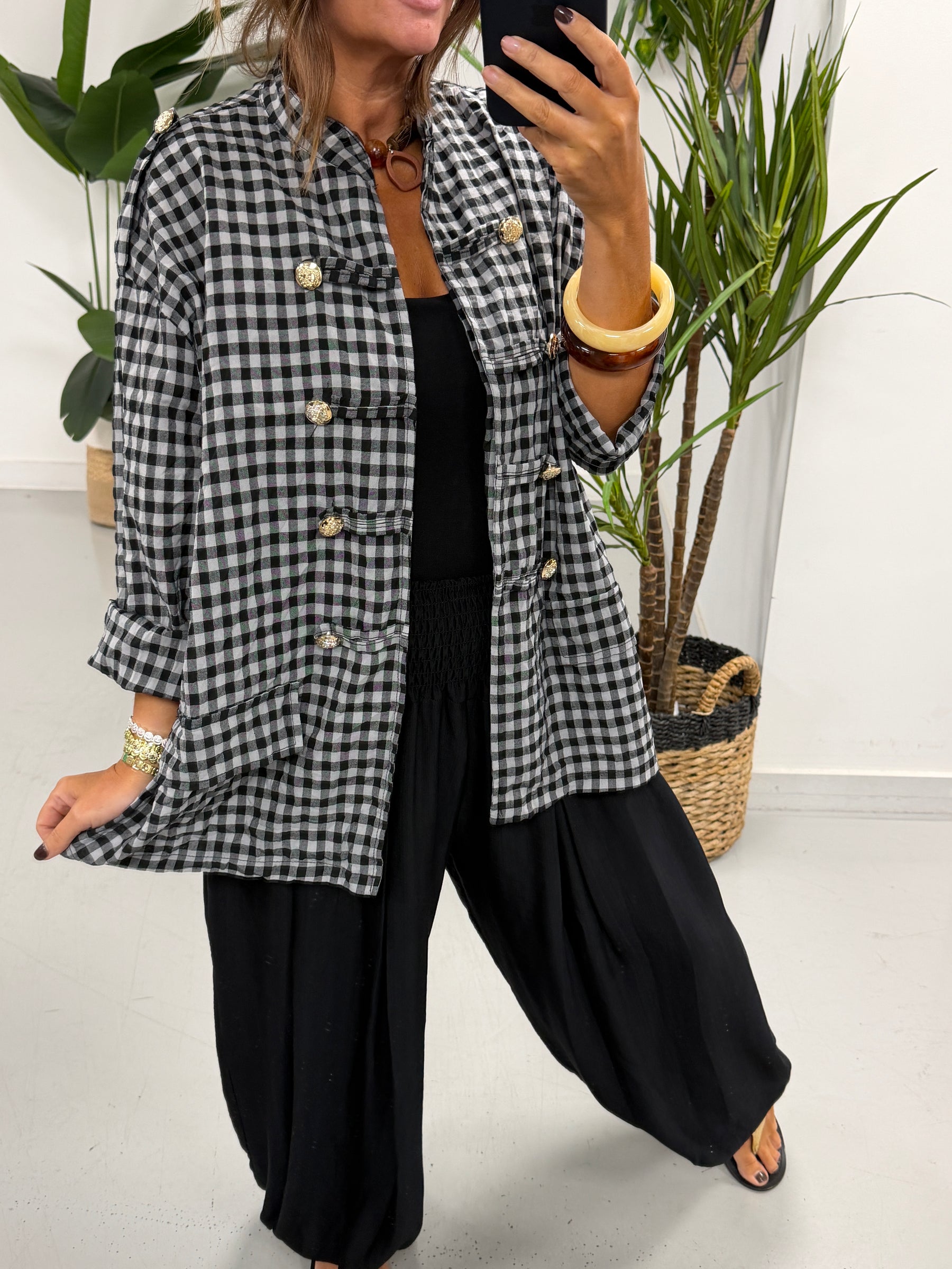 Gingham Military Jacket - Black