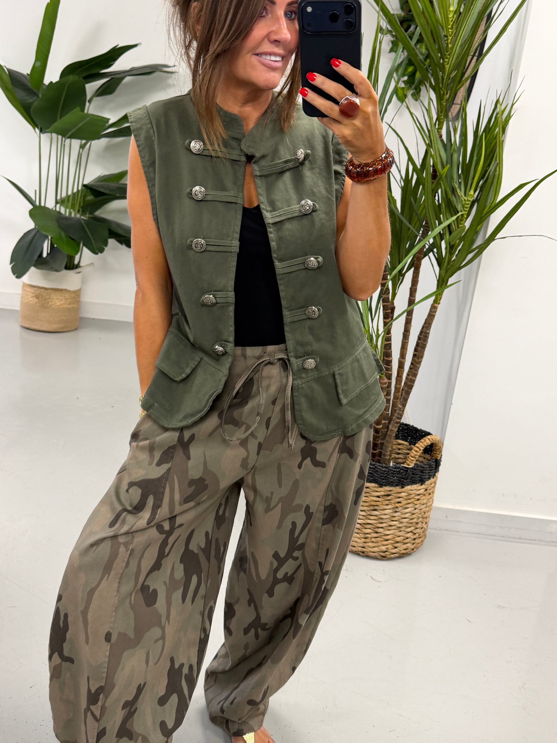 Denim Military Waistcoat - Khaki
