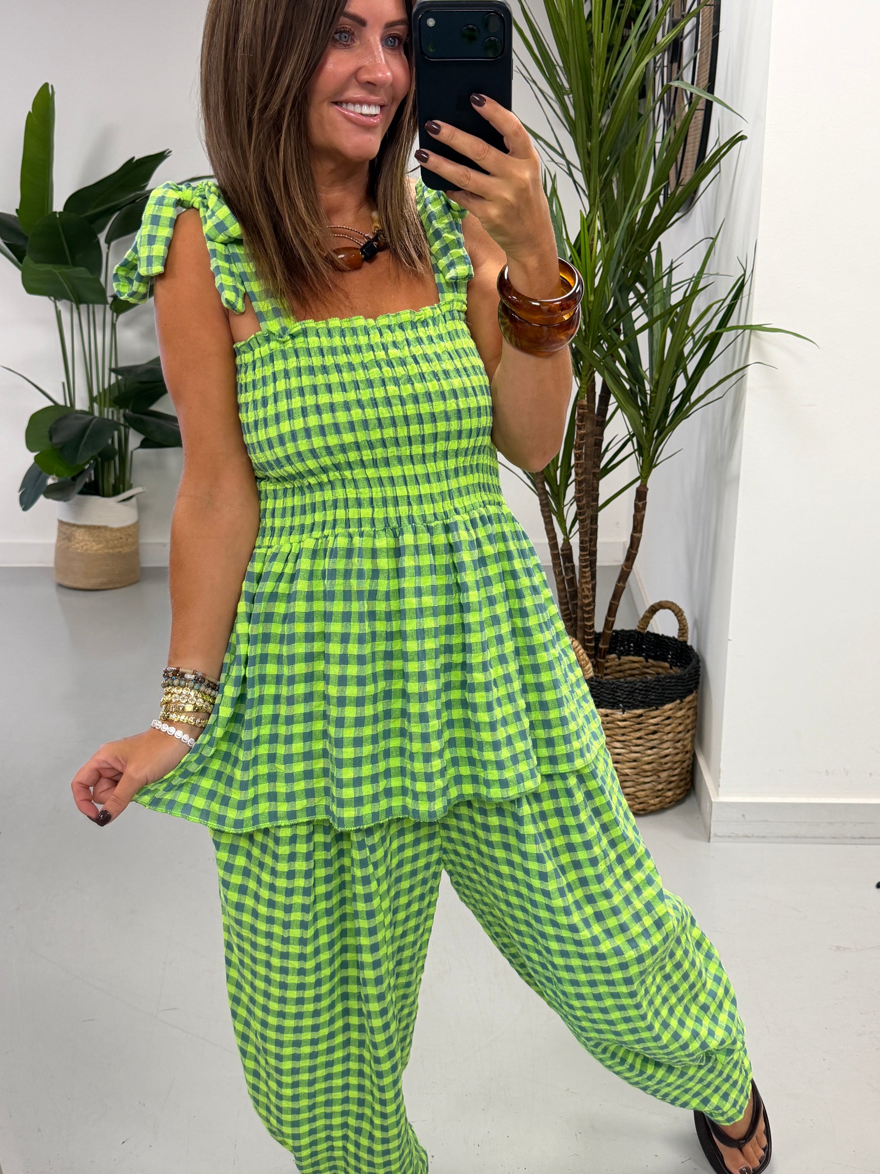 The Deluxe Gingham Peplum Top - Green