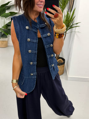 Gaberdine Denim Military Waistcoat - Denim Blue
