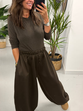 Button Front Balloon Cuff Joggers - Chocolate (Size 12-20)