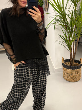 Asymmetrical lace trim lined Mesh Top - Black