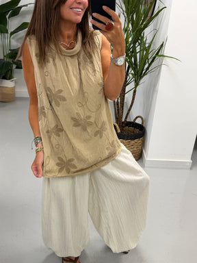 Reverse Collar Embroidered Tunic - Sand