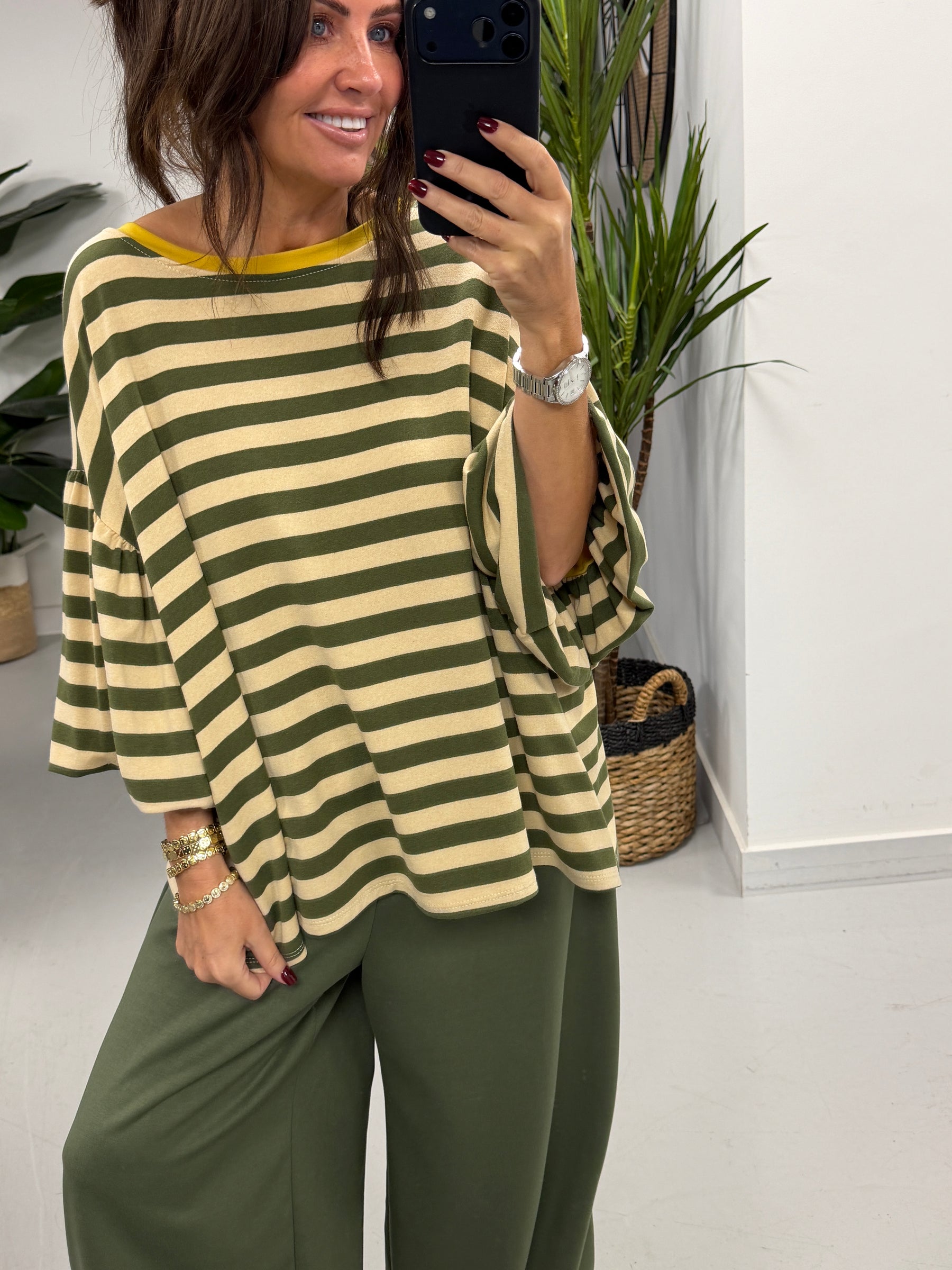 Sunset Stripe Puff Sleeve -Khaki  (Size 12-18)