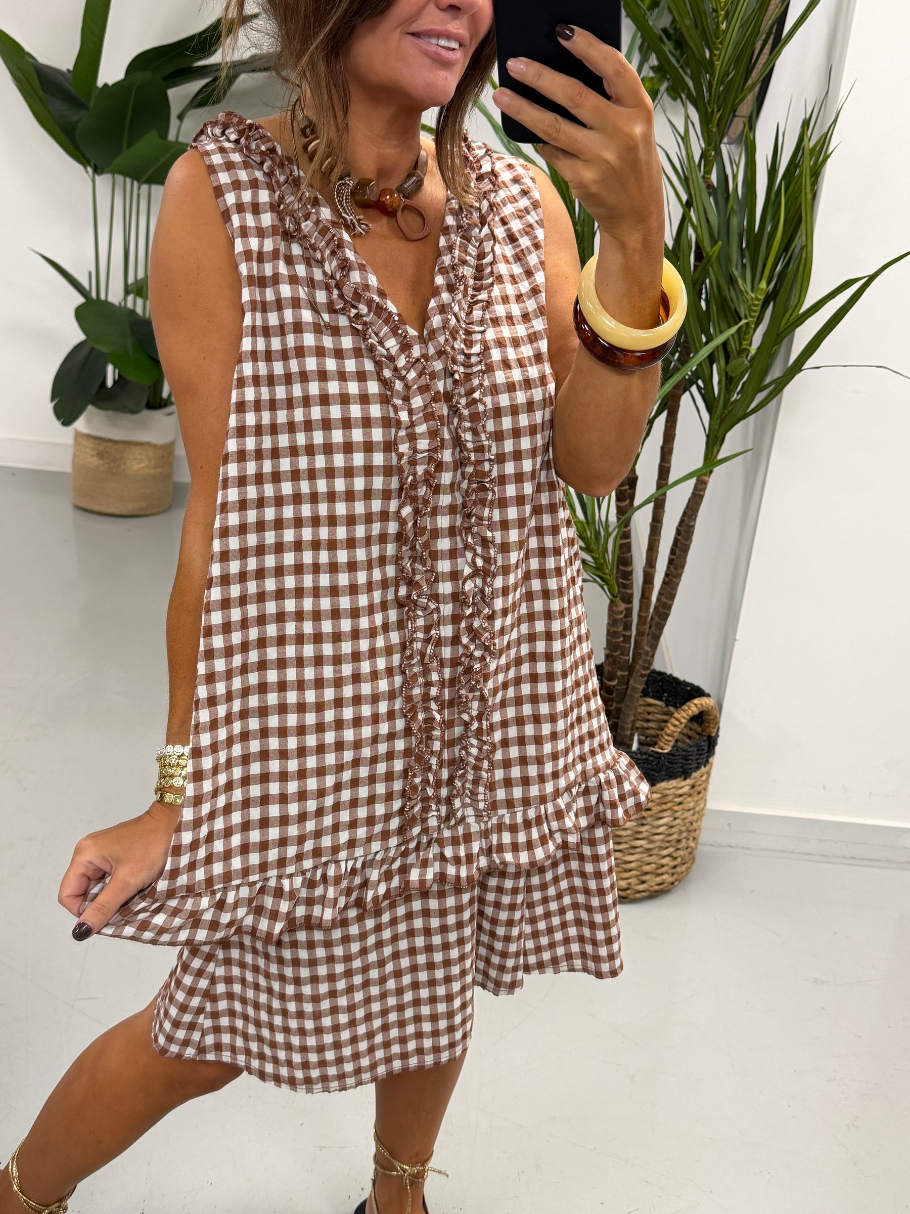 The Gingham Frill Tunic- Light Chocolate