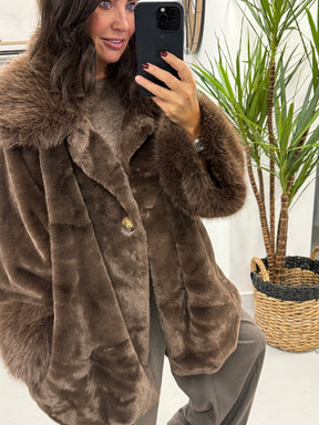 Kensington Faux Fur Swing Jacket - Chocolate