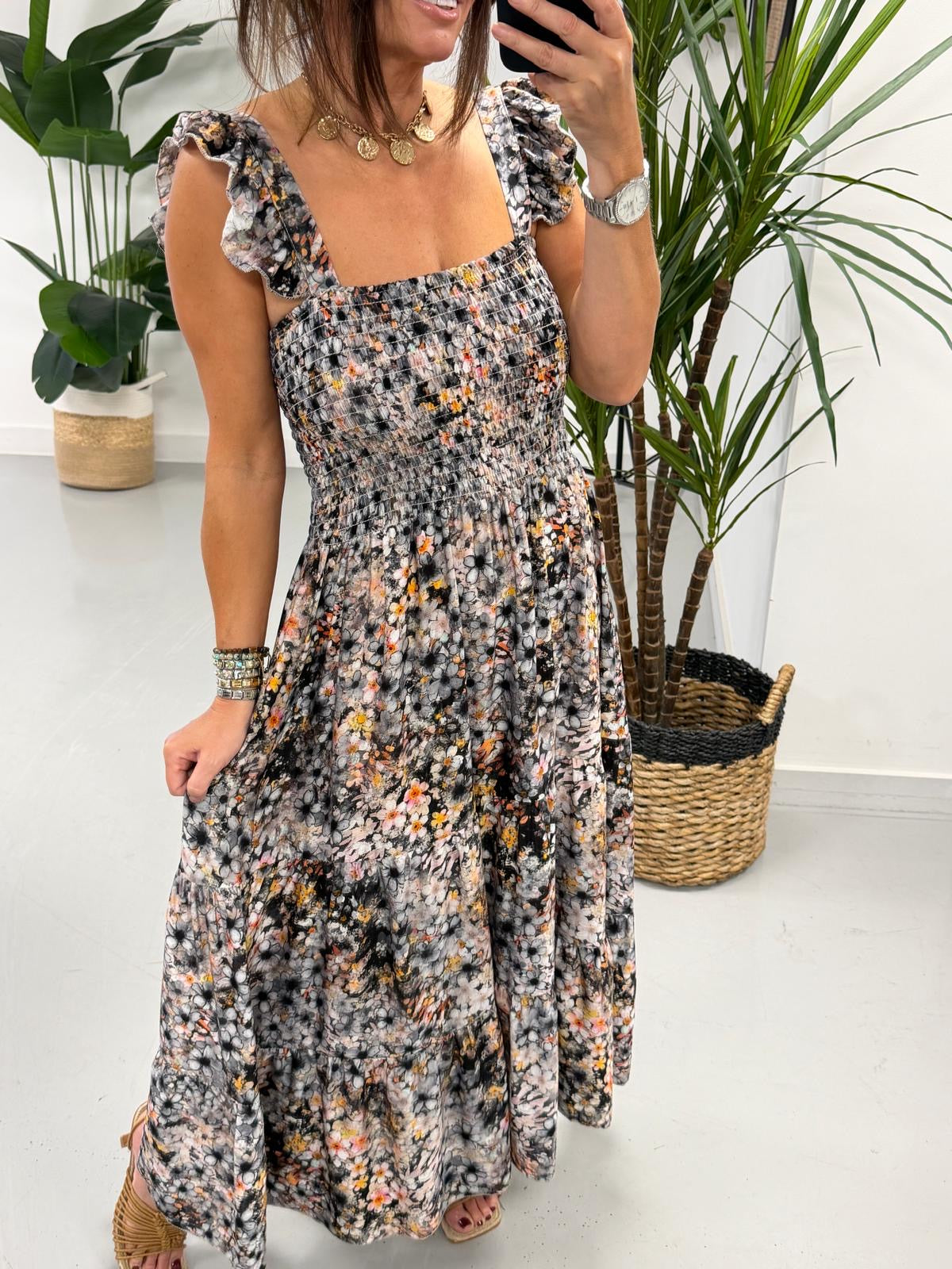 The Floral Shirred Maxi - Black