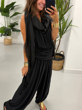 Wrap Crinkle Balloon Jumpsuit - Black