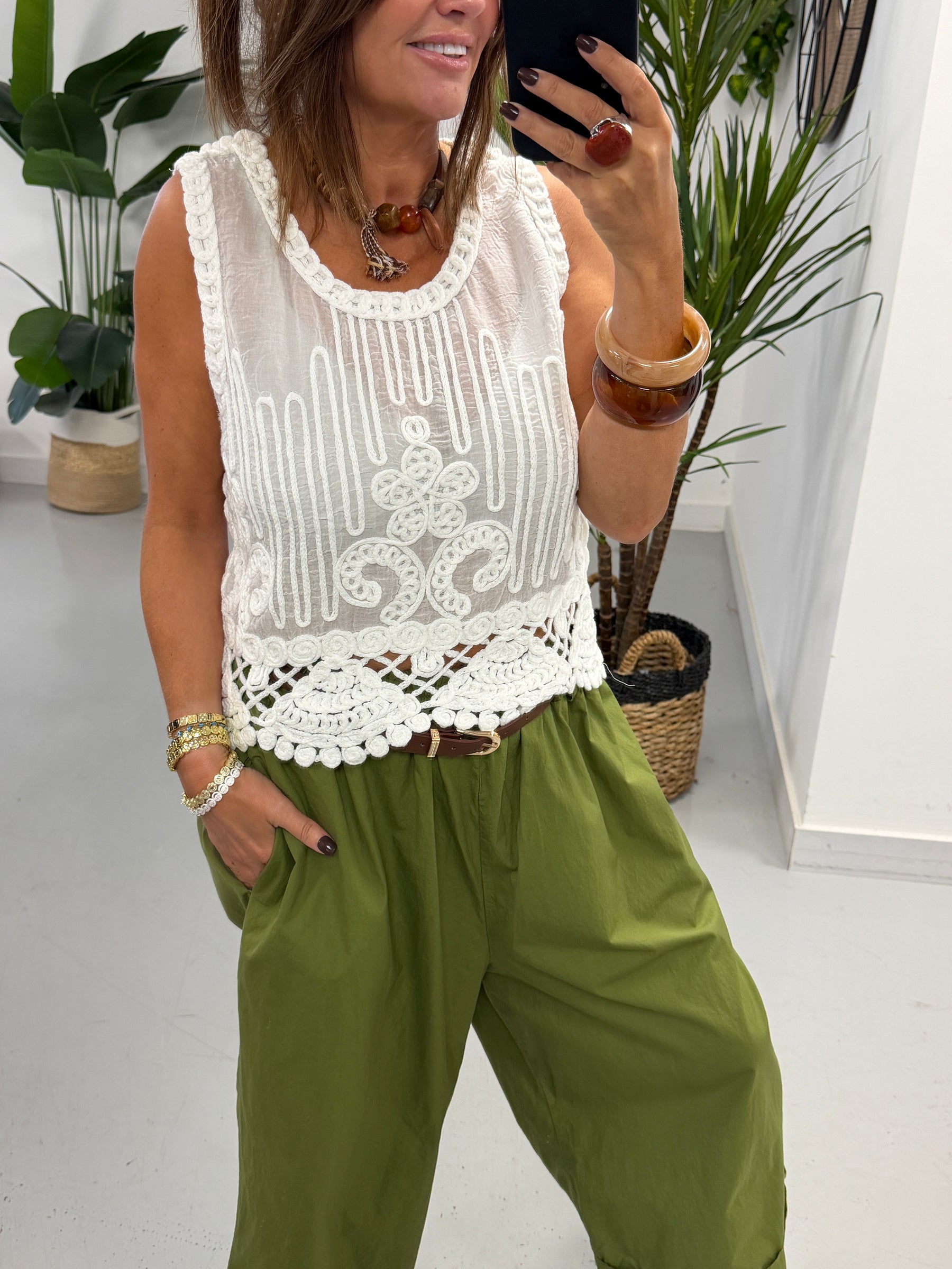 Crochet Patterned Tank - White