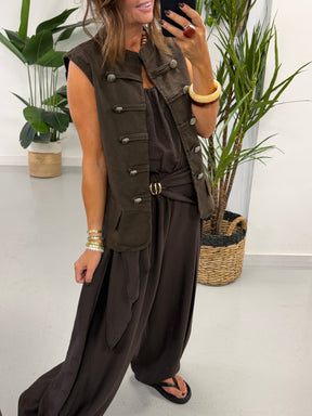 Denim Military Waistcoat - Chocolate