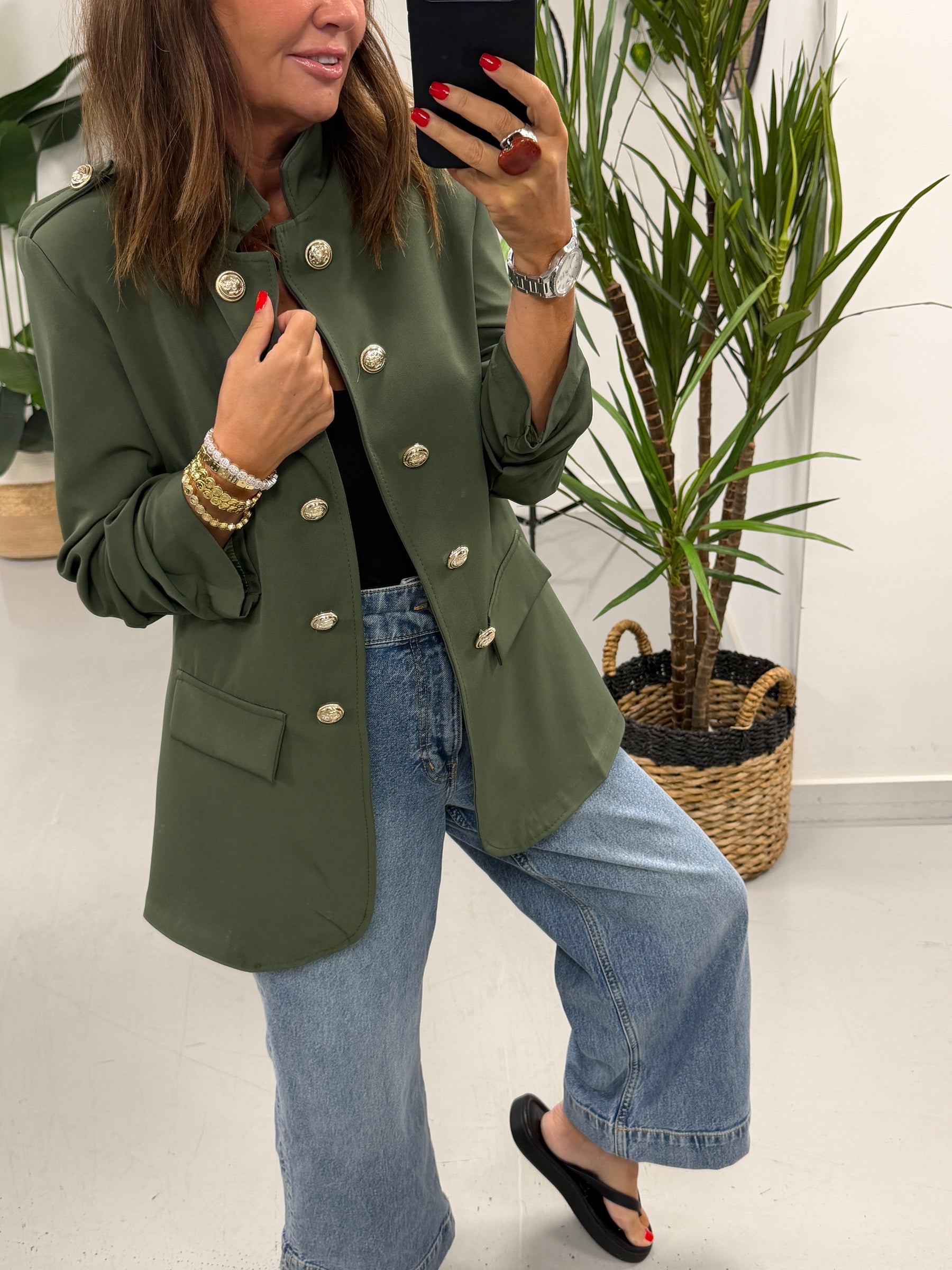 Military Ruched Sleeve Blazer - Khaki