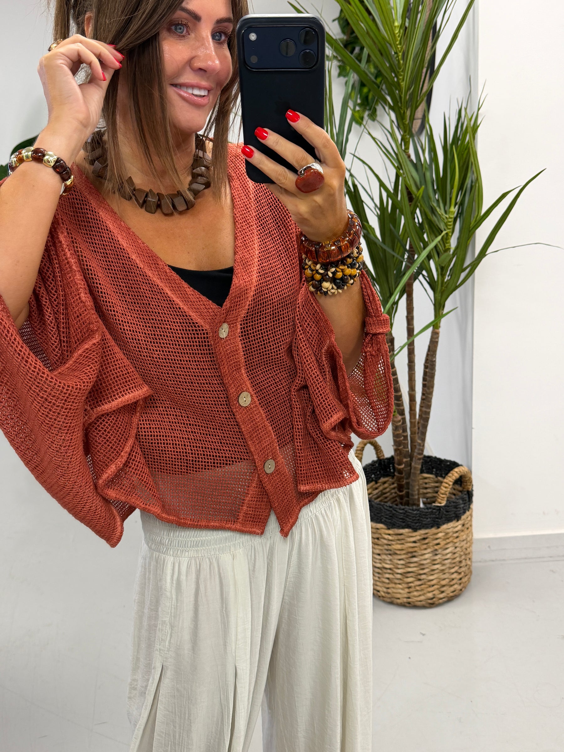 Mesh Button Cardigan - Rust