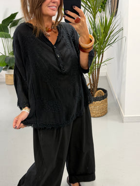Seville Lace Button Up Top  - Black