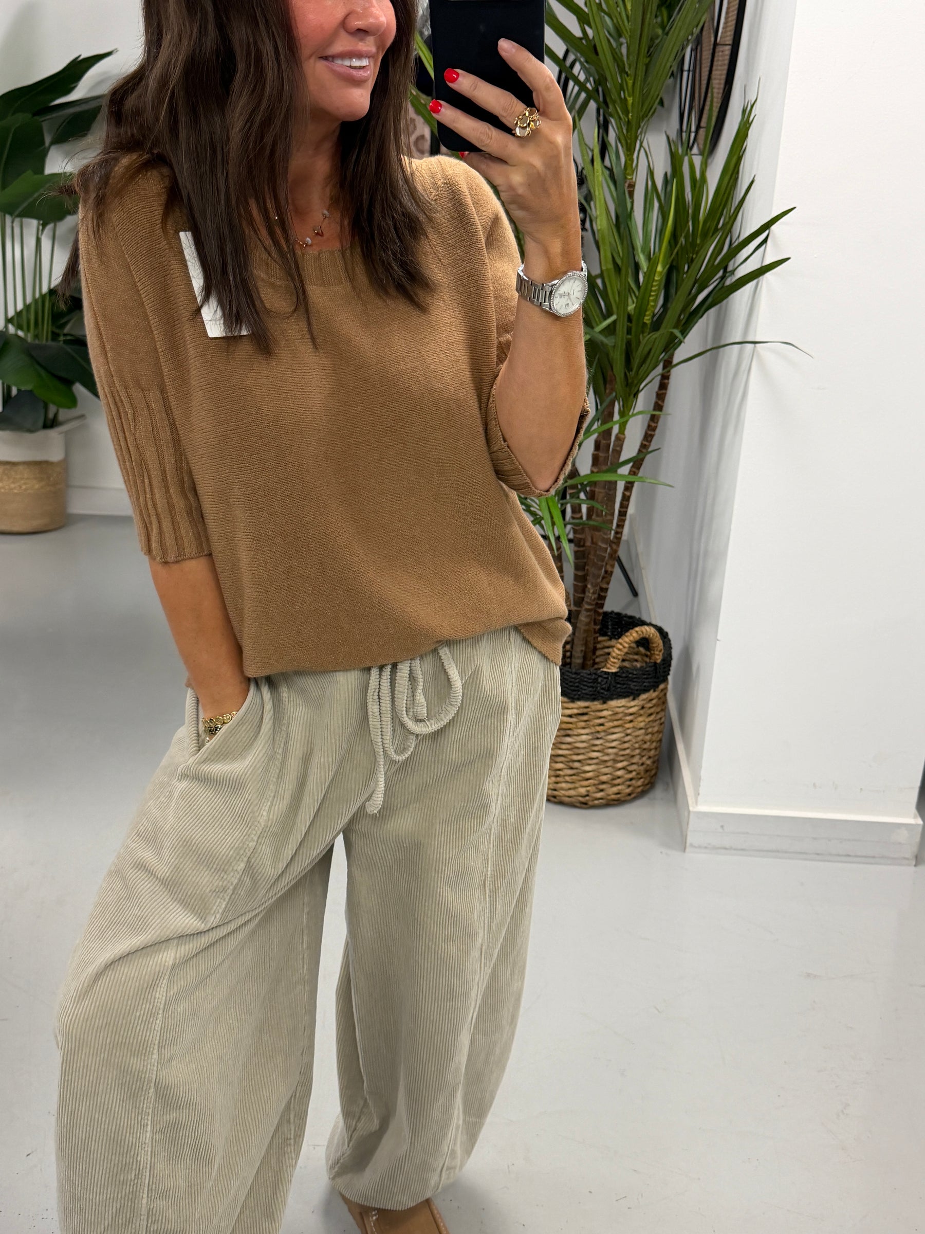 Crop Sleeve Boat Neck Knit - Camel (Size 10 - 16)