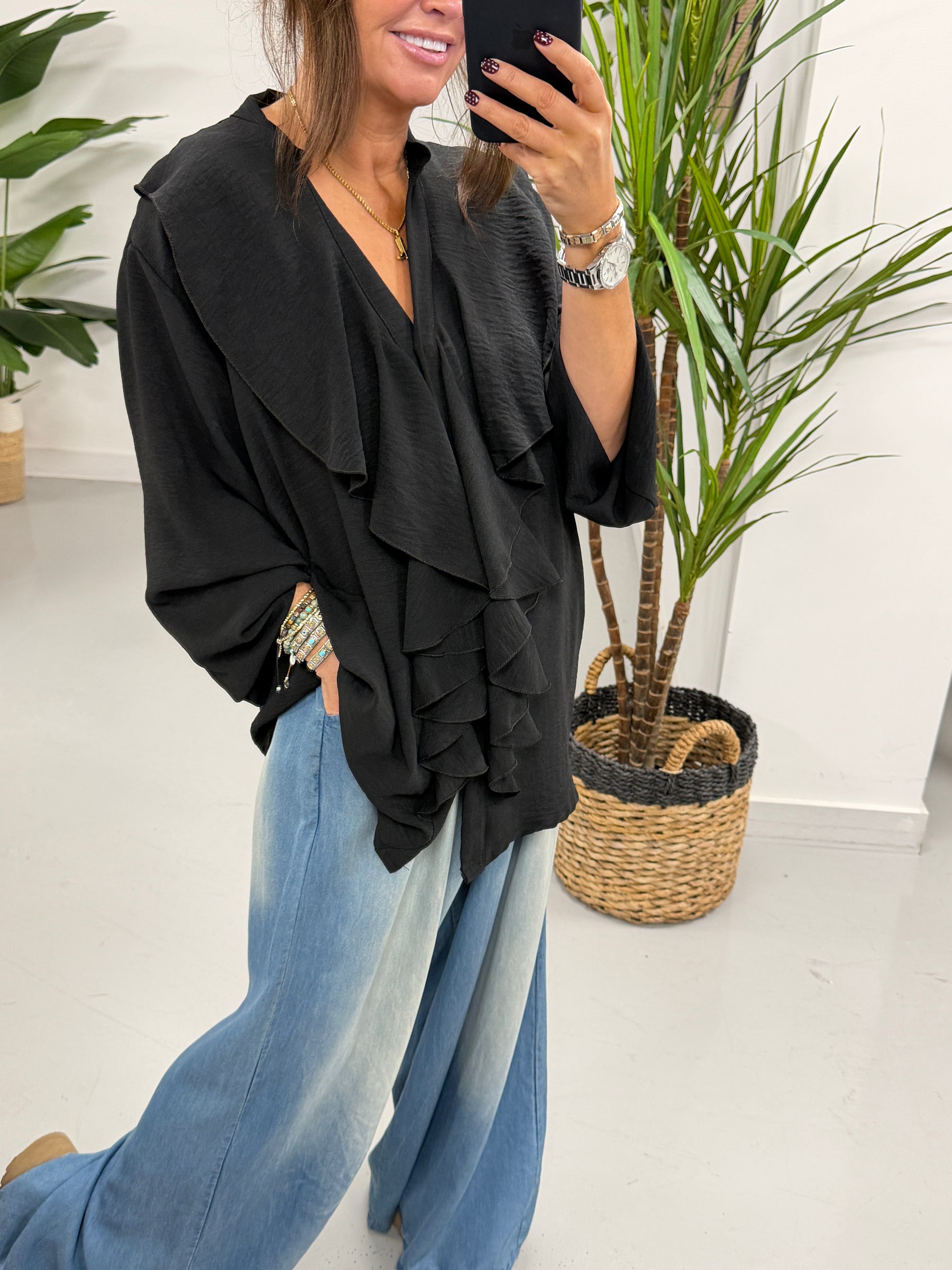 Luna Button Frill Blouse - Black