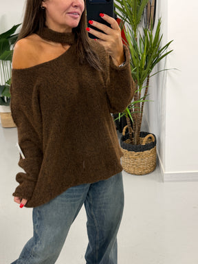 Slash Neck Knit  - Chocolate (PRE ORDER)