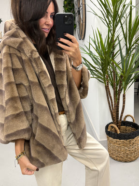 Crop Sleeve Hooded Faux Fur - Camel/Choc