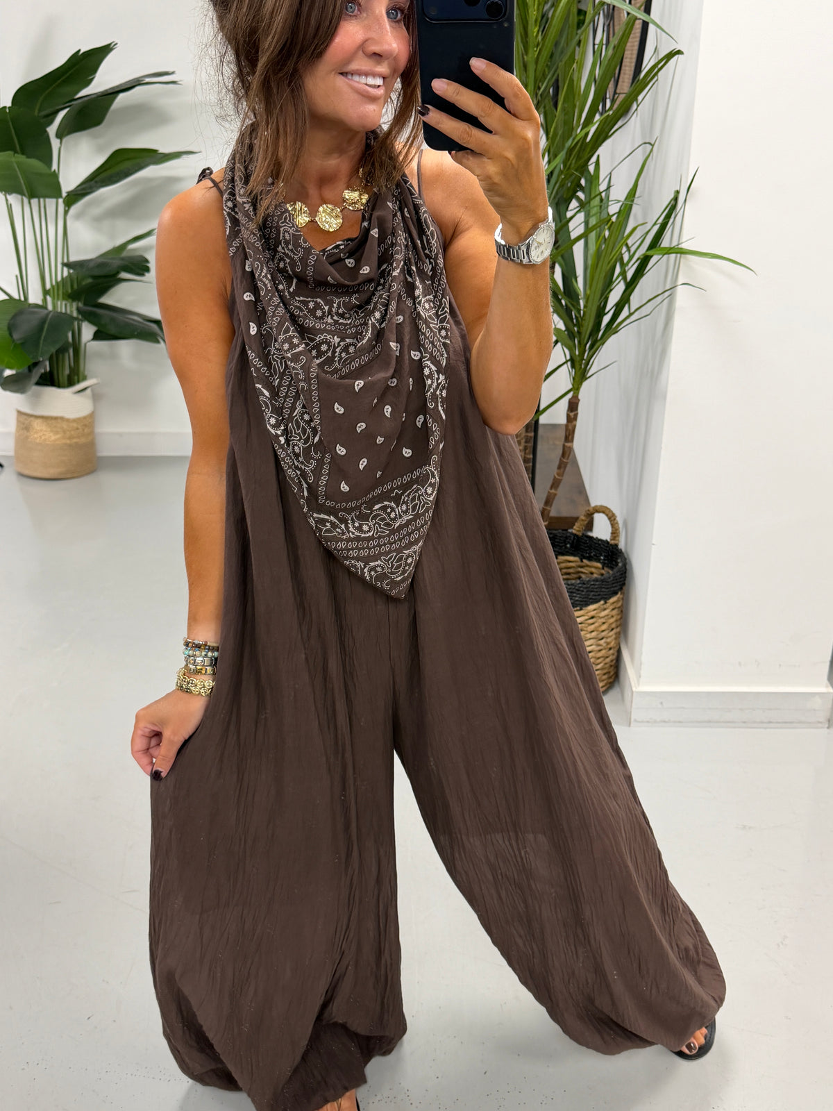 Bandana Scarf Jumpsuit - Chocolate