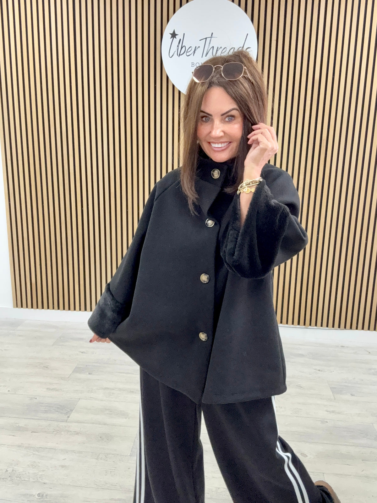 Faux Fur Sleeve Swing Jacket - Black
