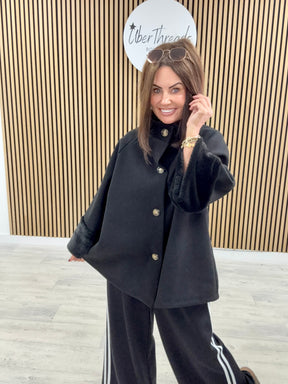 Faux Fur Sleeve Swing Jacket - Black