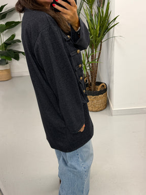 The Long Line Herringbone Style  Military Jacket - Denim Blue
