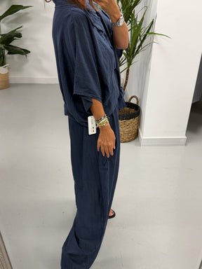 The Crinkle Button Tie Shirt - Navy