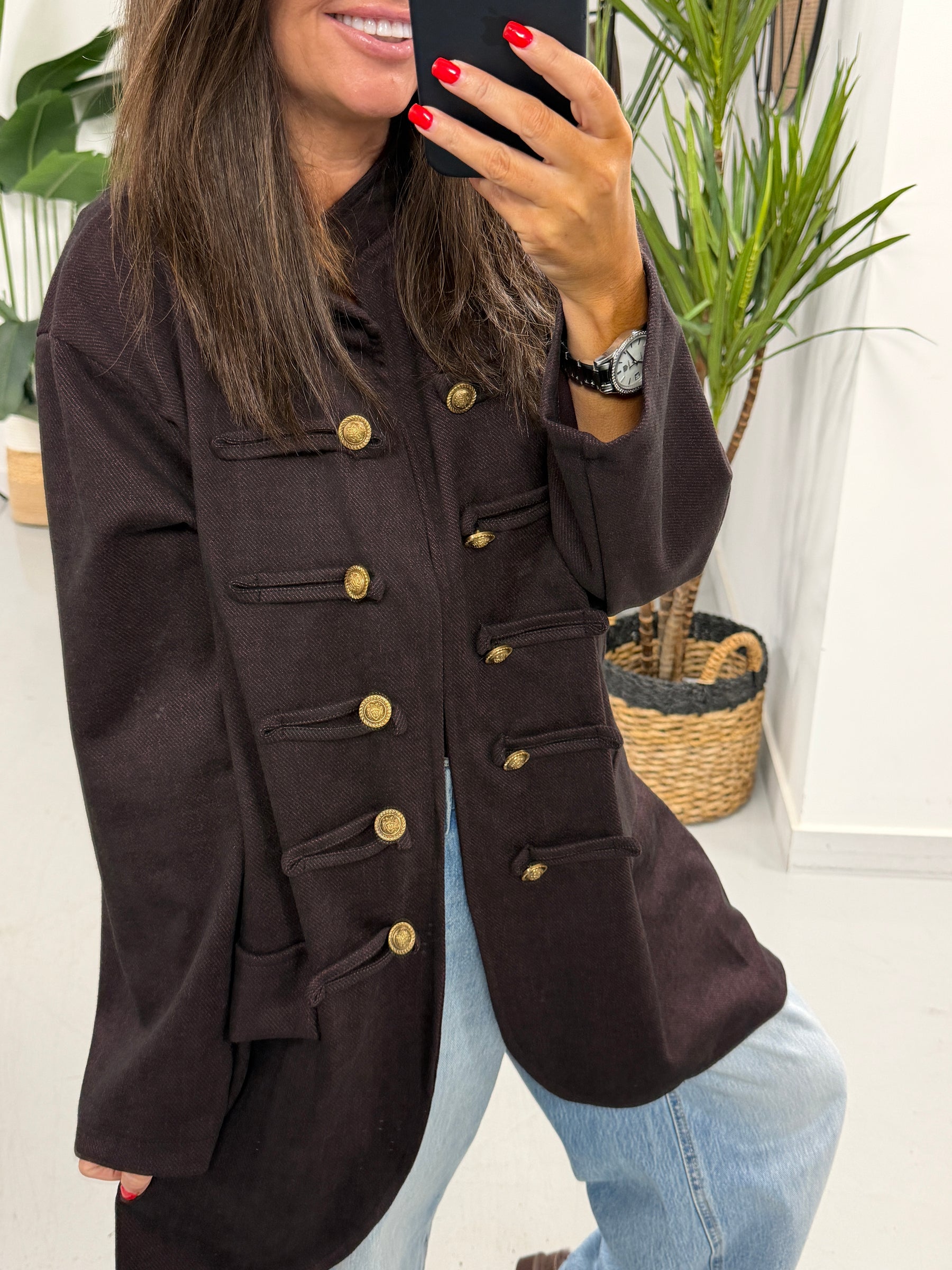 The Long Line Herringbone Style Military Jacket - Wine