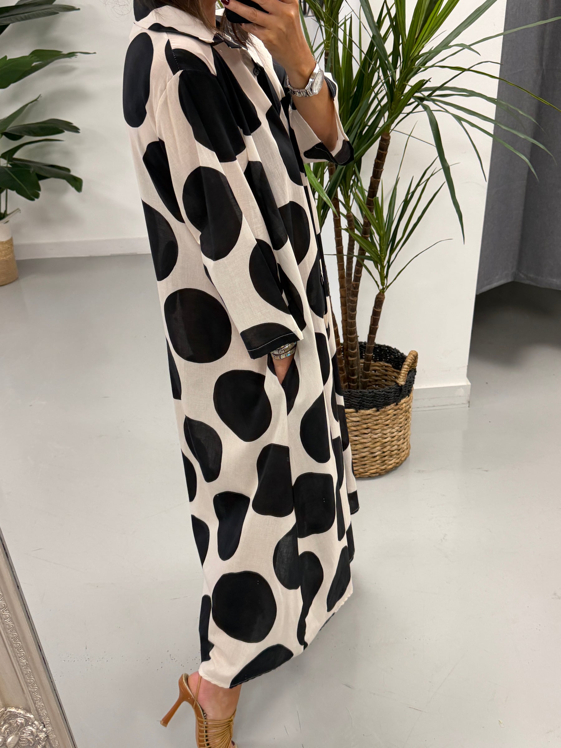 Polka Button Shirt Dress - Black / Cream