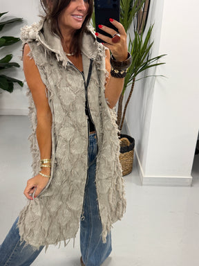PRE ORDER Shelby Shaggy Hooded Gilet - Stone