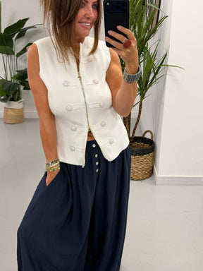 Button Crinkle Balloon Trousers - Navy