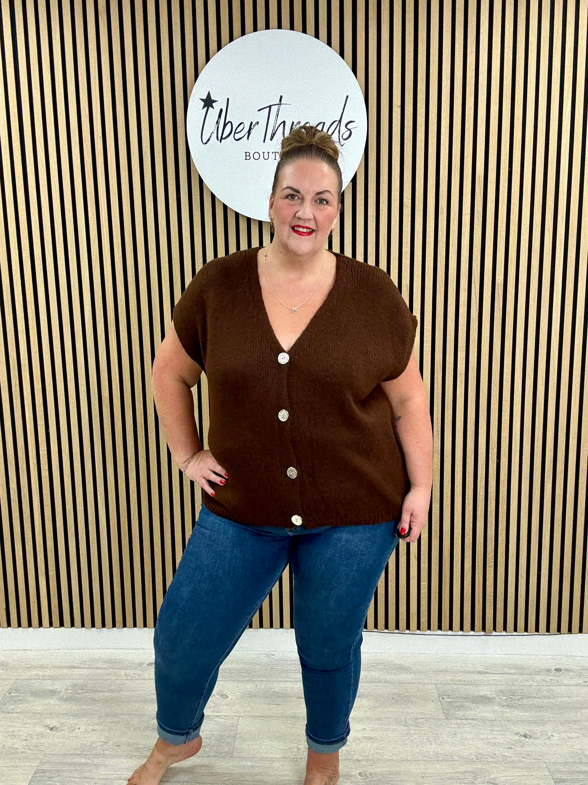 The Knitted Gold Button Waistcoat - Chocolate