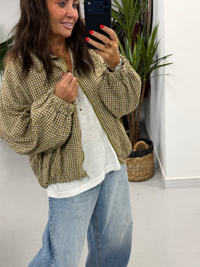 The Plaid Slouchy Bomber - Pistachio/Wine