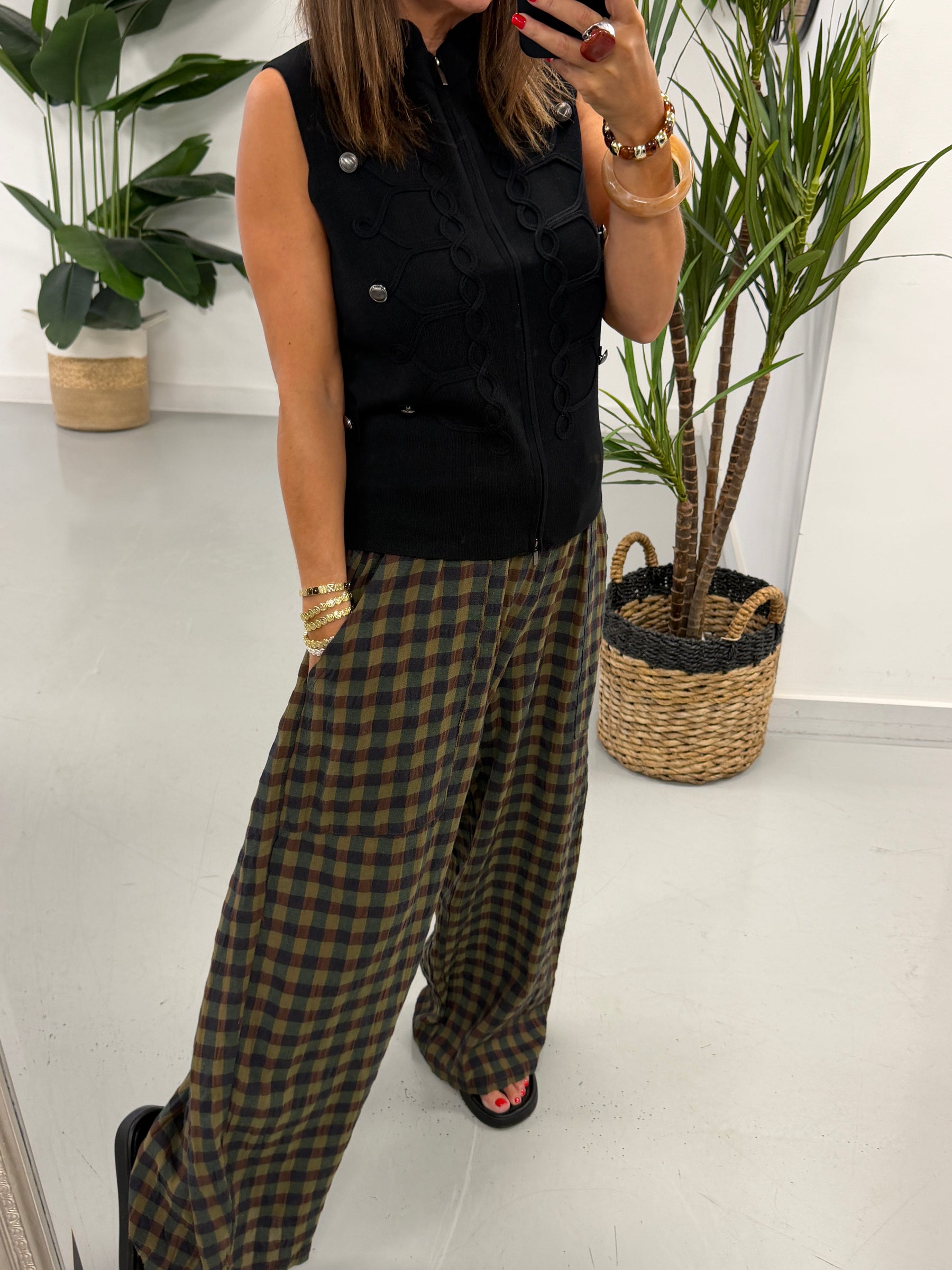 The Autumn Check Baggy Barrel Trousers - Olive Green/Blue