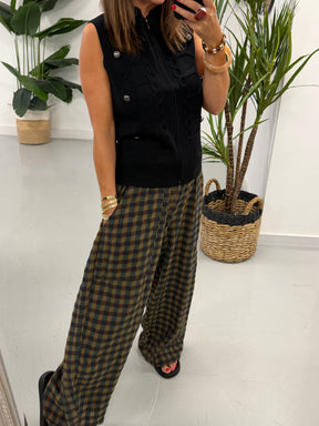 The Autumn Check Baggy Barrel Trousers - Olive Green/Blue