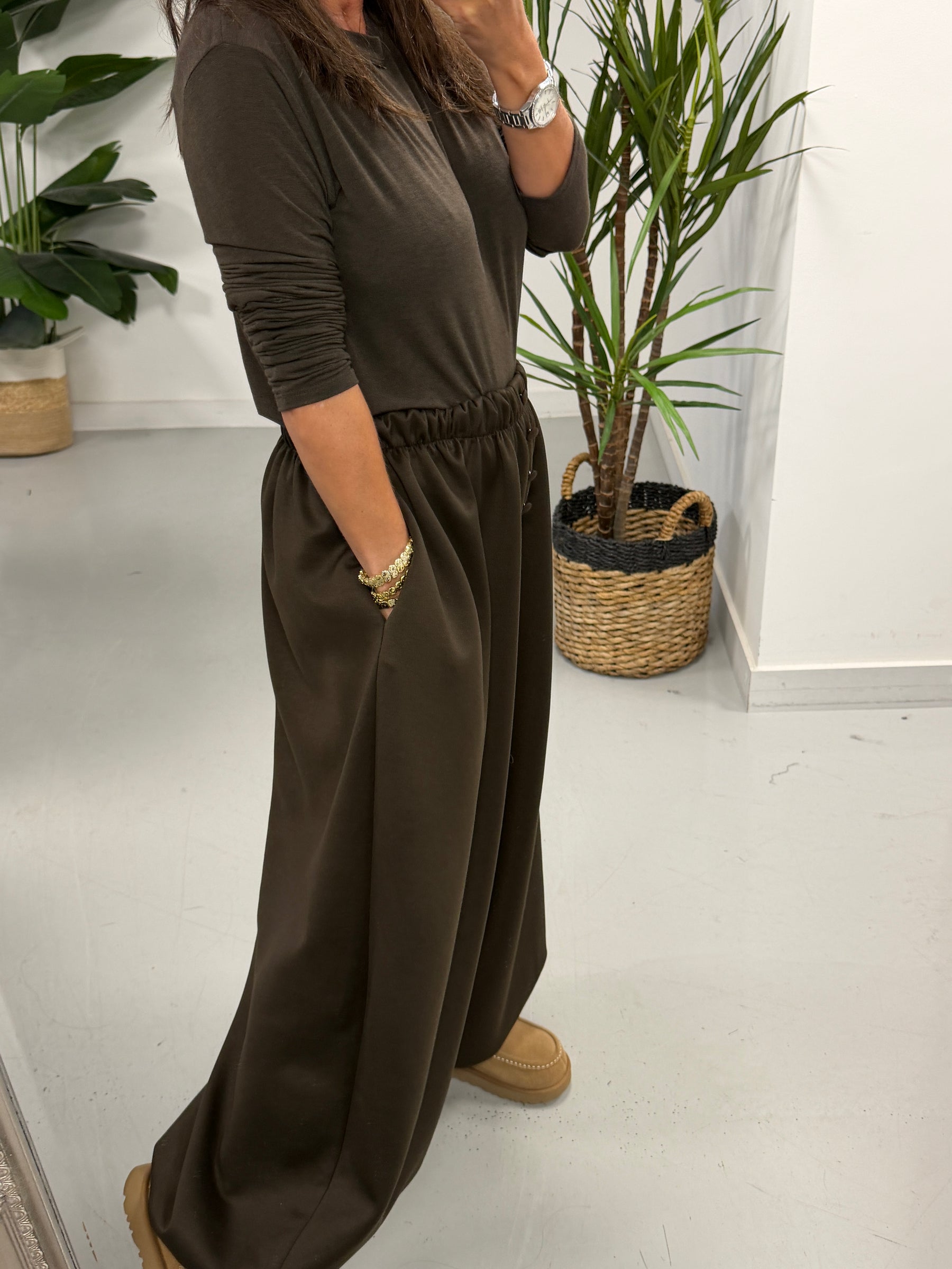 Button Front Balloon Cuff Joggers - Chocolate (Size 12-20)