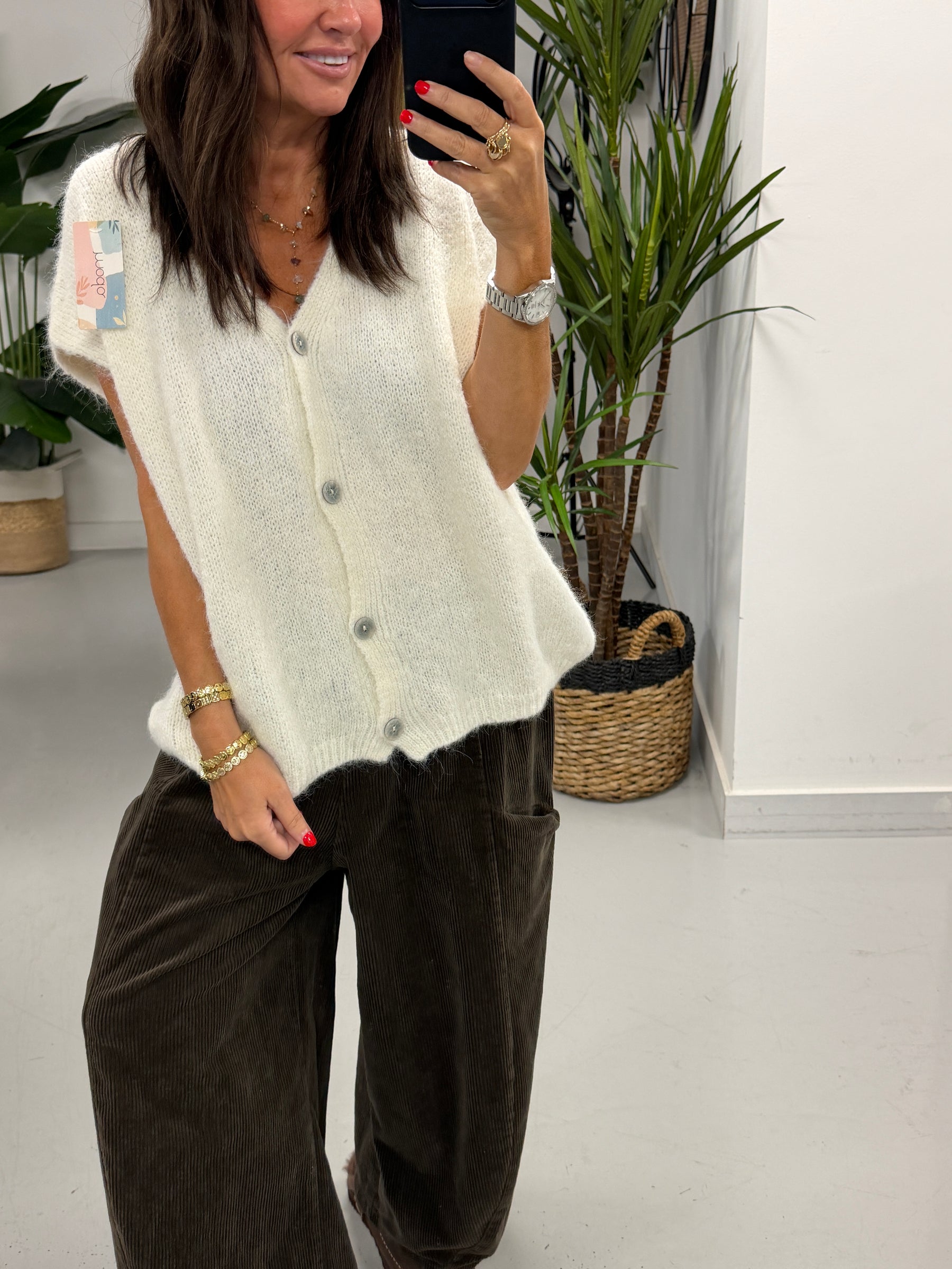 Button Up Slouchy Crop Sleeve Knit - Winter White  (Size 12-18)