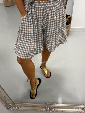 Gingham Elasticated Waist Shorts - Light Mocha