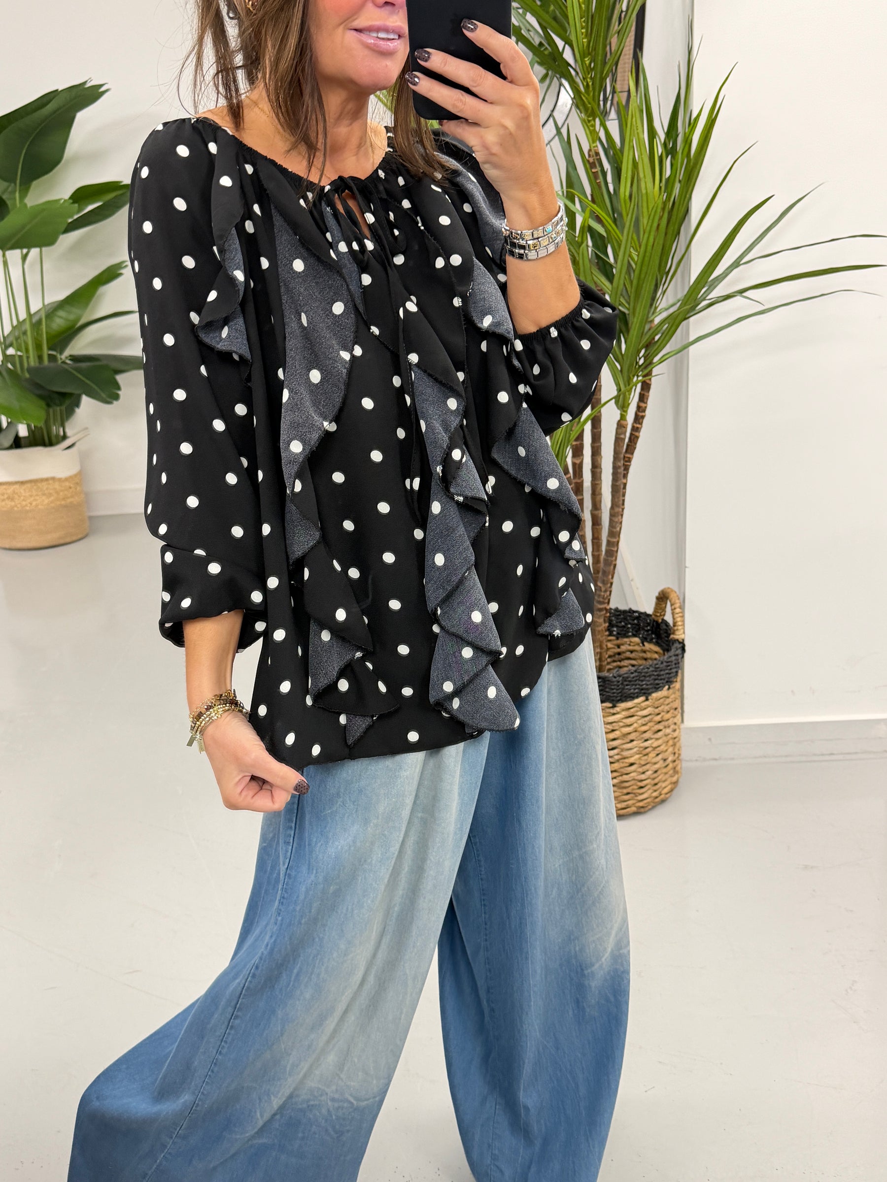 Dotty Waterfall Blouse - Black