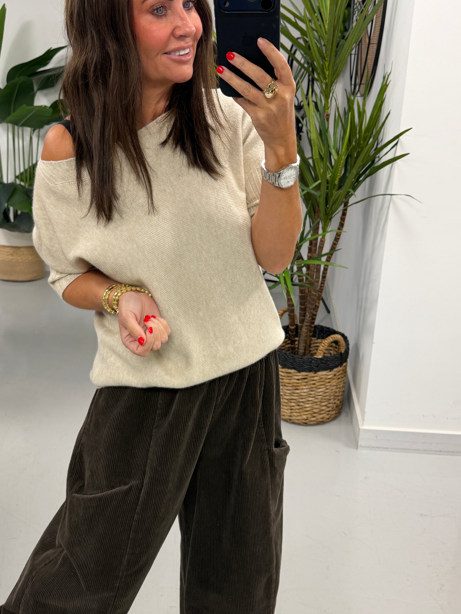 Crop Sleeve Boat Neck Knit - Cream (Size 10 - 16)