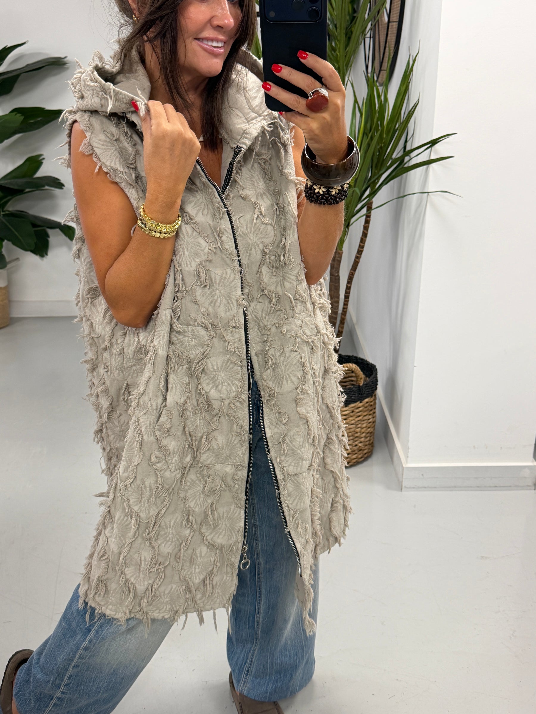PRE ORDER Shelby Shaggy Hooded Gilet - Stone